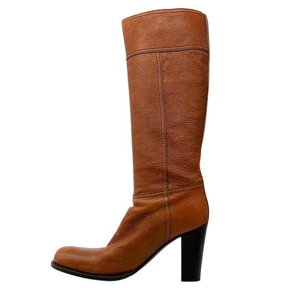 PRADA LIGHT BROWN / GOLD LOGO PLAQUE DISTRESSED LEATHER HIGH BOOTS - Picture 3 of 9